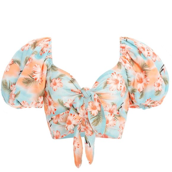 Agua Bendita Tops - Agua Bendita Bailee Luau Crop Top Floral Hawaiian Print Puff Sleeve Size S NWT